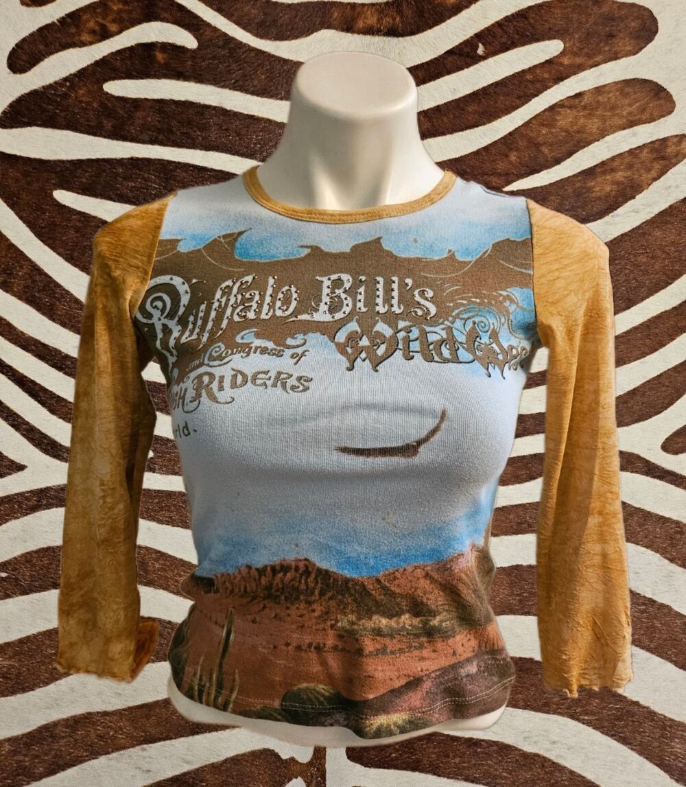 Vintage Deep LA Buffalo Bill Y2K Wild West Rodeo Graphic Print Rhinestone Sz S